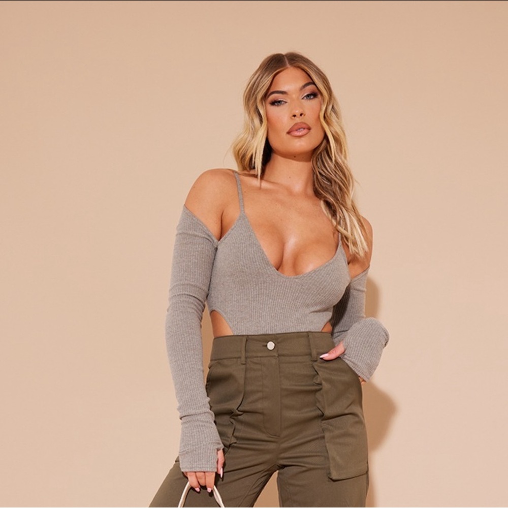 Rib Halter Plunge Long Sleeve Bodysuit
